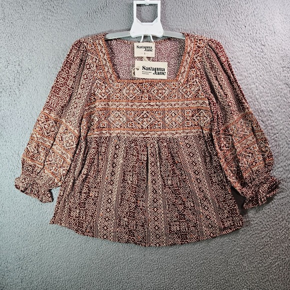 Savanna Jane Tops - NEW Savanna Jane Embroidered Top‎ Blouse Women Small Geometric Maroon Beige